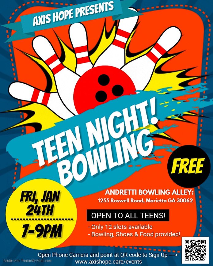 AxisHope_LLC's tweet photo. So excited to sponsor a night of fun & bowling for #AxisHope's teens on Friday Jan 24th, from 7-9pm!
Only 12 slots available & open to current patients only. Unlimited bowling & shoes (food and drink will be provided too).
See you there! 😊
Dr. Hooper
https://t.co/kRlmQqKoDY https://t.co/NNRfORsMRn