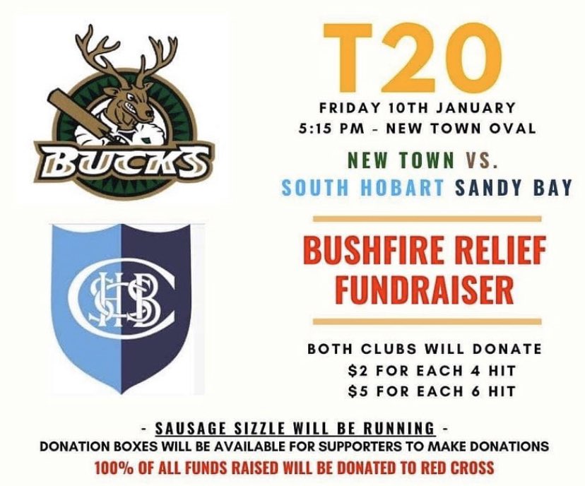 In wake of the Aus bushfires, Sharks &amp; New Town are joining forces for Friday's T20 to raise much needed funds.

Also proud to be partners w/ <a href="/BlundstoneAU/">BlundstoneAU</a> who are donating $100k, <a href="/Optus/">Optus</a> who are waiving bills of volunteers &amp; Dr Syntax Hotel who have fundraising BBQ 1pm this Sat.