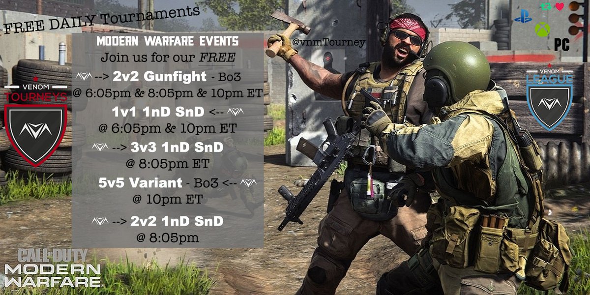Congrats to our 2v2 #ModernWarfare SnD All-Platform - 8:05pm ET 🏆#vnmChamps 

 Team’s Name🥇 RISE ABOVE GAMING  

Link(s)/@ 🗣   <a href="/R1SEaboveGAMING/">RISE ABOVE GAMING</a> <a href="/stumister12/">david lajuett</a>

YT: rise above gaming
IG: official_rise_above_gaming
twitch.tv/idkyesmaybe

Follow da #vnmChamps #vnmNews #GameON