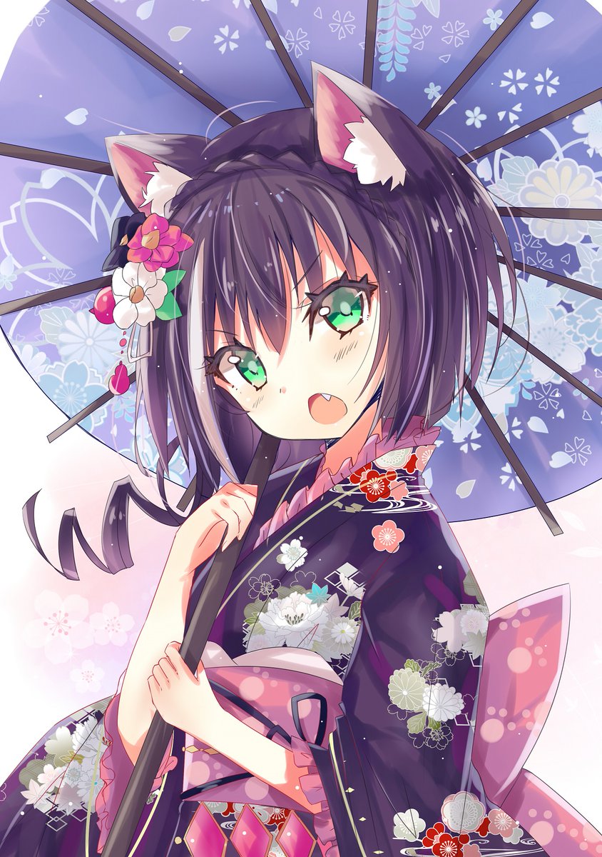 karyl (princess connect!) 1girl animal ears solo japanese clothes kimono floral print black hair  illustration images