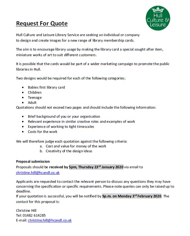 makerspacehull's tweet photo. Hull Culture and Leisure Library Service are seeking an individual or company to design and create images for a new range of library membership cards.
Want to know more? Here's what you need to know. https://t.co/vuTwQYAyjb