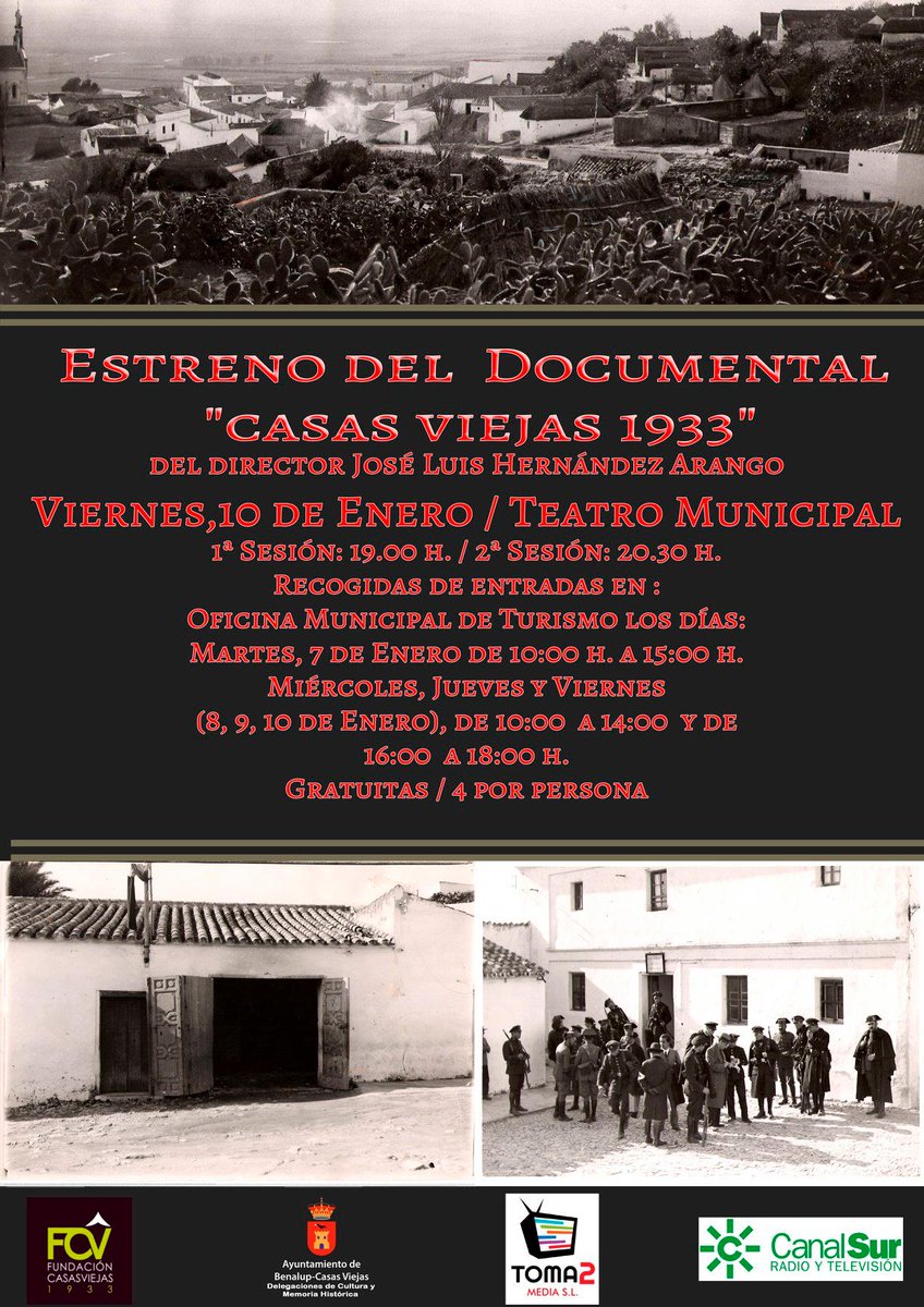 AytoBenalupCV's tweet photo. Este viernes se estrena el documental “Casas Viejas 1933” en el Teatro Municipal #Benalup #Cultura #MemoriaHistórica #SucesosCasasViejas  https://t.co/pz5yZW8jEl https://t.co/G3DWVeFAzW