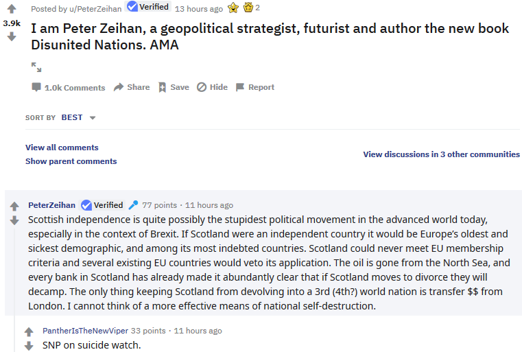 Del_ivered's tweet photo. Peter Zeihan, world renowned geopolitical strategist:
"Scottish independence is quite possibly the stupidest political movement in the advanced world today
especially in the context of #Brexit..."
The world knows it, why doesn't Scotland's media?
#indyref2020 - #RefOff https://t.co/Bk9yc0gbTp