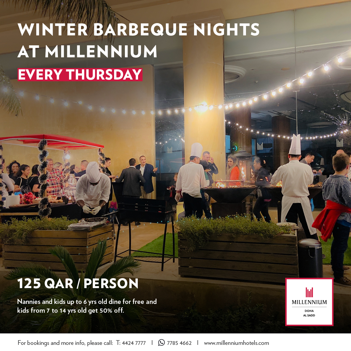 Let the Grilling begin!
QR 125/person
QR 60/children
Complimentary for kids &amp; nannies
Reserve your table at 44247777, Whatsapp 77854662

كل أنواع المشاوي التي تشتهون!
١٢٥ ريال/الشخص
٦٠ ريال ( ٦-١٢ عامًا)
المربيات والأطفال مجاناً.
للحجز الرجاء الاتصال على ٤٤٢٤٧٧٧٧، واتساب ٧٧٨٥٤٦٦٢