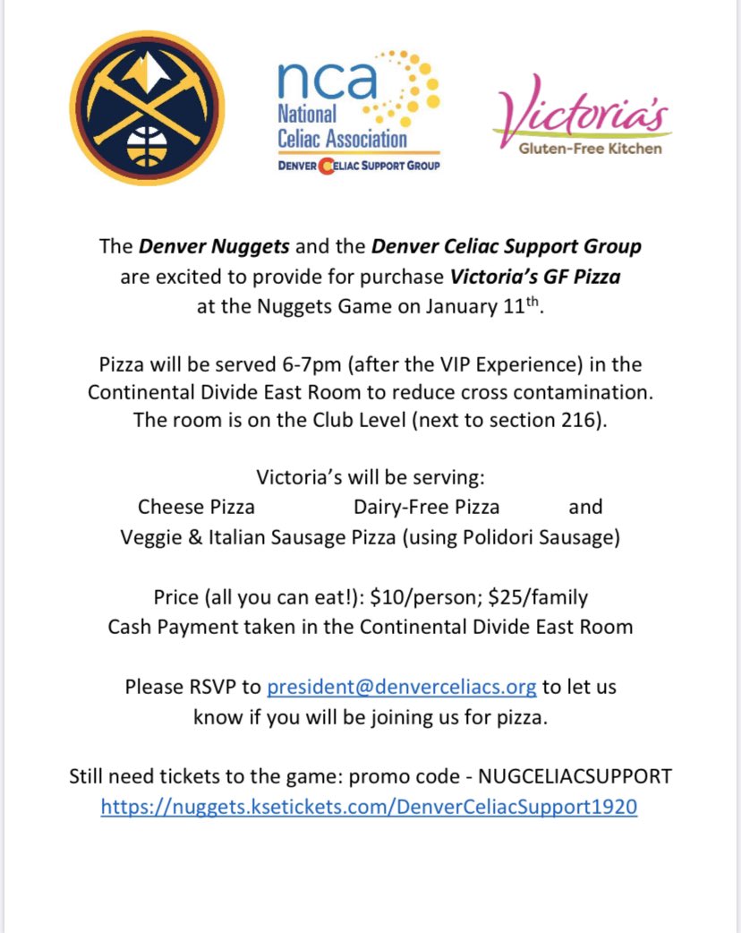 DenverCeliacs's tweet photo. Who wants pizza with their @nuggets ? 

Link in bio if you still need game tickets.
#glutenfree #denver #denverceliacs https://t.co/Wks31LrRe5