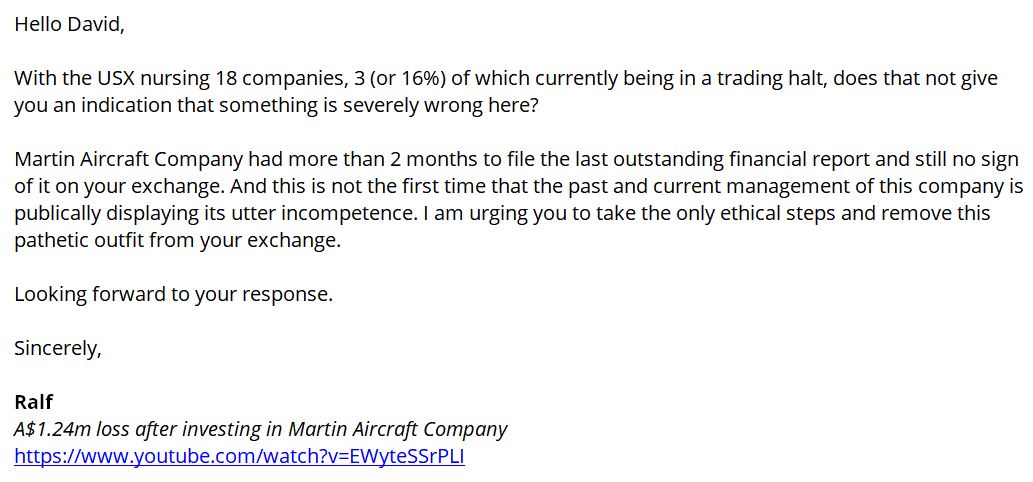 Martin Jetpack Lies (@mjp_thugs) on Twitter photo To the USX, now harbouring this cancer ridden 'company', which has been in it's latest trading halt since 31/10/19. None of the NZ market regulators that I contacted feel responsible for the oversight of the USX, so I have now also contacted: jacinda.ardern@parliament.govt.nz To the USX, now harbouring this cancer ridden 'company', which has been in it's latest trading halt since 31/10/19. None of the NZ market regulators that I contacted feel responsible for the oversight of the USX, so I have now also contacted: jacinda.ardern@parliament.govt.nz