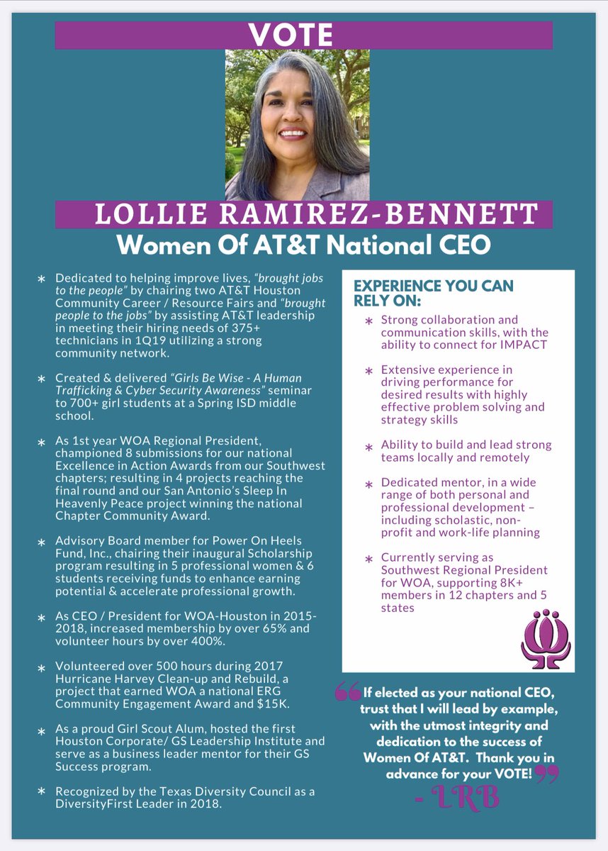 LollieRB's tweet photo. Our Women of AT&amp;T CEO Election is being re-run.  Again, I humbly ask for your VOTE &amp; support!  The attached flyer will highlight some of my community impacts &amp; experience I bring to the table💜 
WOA members, including Retirees, please VOTE today @ https://t.co/bDbLsFMFyR https://t.co/AXmgWnDt6L