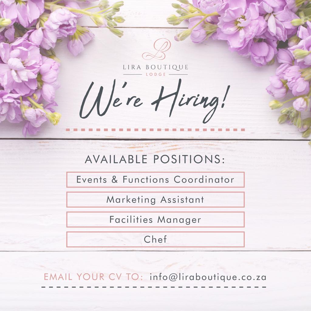 LiraLodge's tweet photo. WE ARE HIRING!

Lira Boutique Lodge and Spa is #hiring 
- Events &amp; Functions Coordinator
- Marketing Assistant
- Facilities Manager
- Chef
The candidates must have the relevant experience. Positions are based at Nandoni Dam, Thohoyandou Limpopo.
Send CV to info@liraboutique.co.za https://t.co/Sj0wiVAAuE