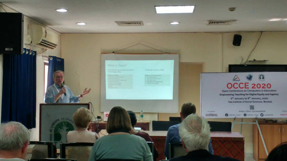 cete_tiss's tweet photo. Michael Weigned talking about his experiences regarding working ob ICT-rich programming of working on ICT-rich Programming projects during #OCCE2020 conference at @TISSpeak Mumbai campus. https://t.co/4j1MYfEeMr