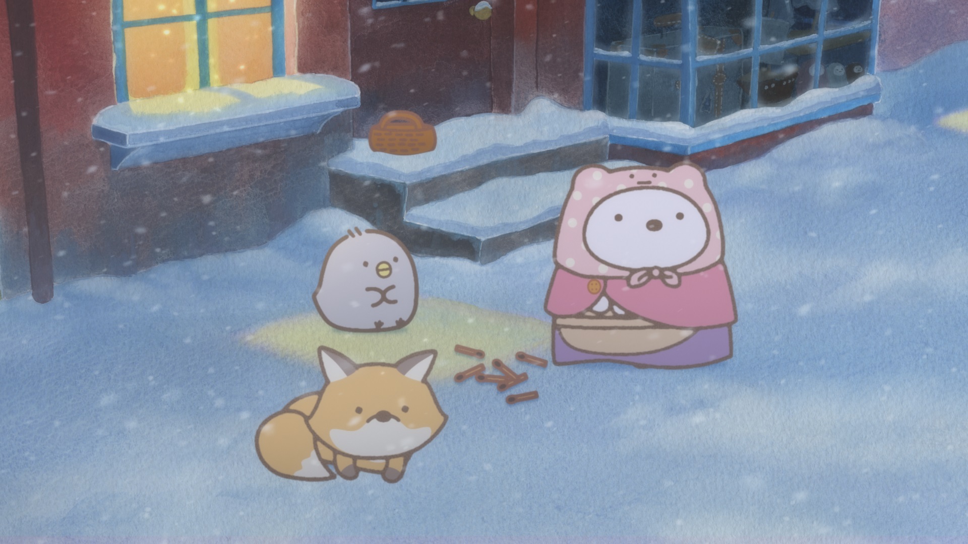 映画 すみっコぐらし 青い月夜のまほうのコ 大ひっと上映中 公式 映画すみっコぐらし キャラクター紹介 映画の中ですみっコたちが出会うキャラクターたちを紹介します キツネ マッチ売りの少女 の世界でしろくまとひよこ が出会い