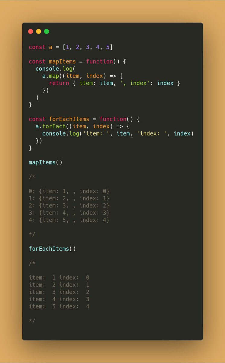 koushikrsk's tweet image. Today's  #codingTidbits 03/365
Iteration over array using map or forEach. Map will iterate over array and return a new array while forEach simply do the iteration. 
#CodeNewbie #JavascriptJanuary #javascript30 #365daysofcode #javascript #Coding