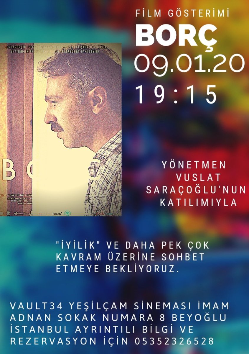 Bacurau filmi 10/16 Ocak 2020 tarihleri arasında 14,16.30,18.45 seanslarında Vault34 Yeşilçam Sineması'nda İmam Adnan Sk No 8 Beyoğlu İstanbul 9 Ocak  saat 19:15'te Vuslat Saraçoğlu Borç filmi özel gösterimi ve söyleşiyi kaçırmayın! 02122433527