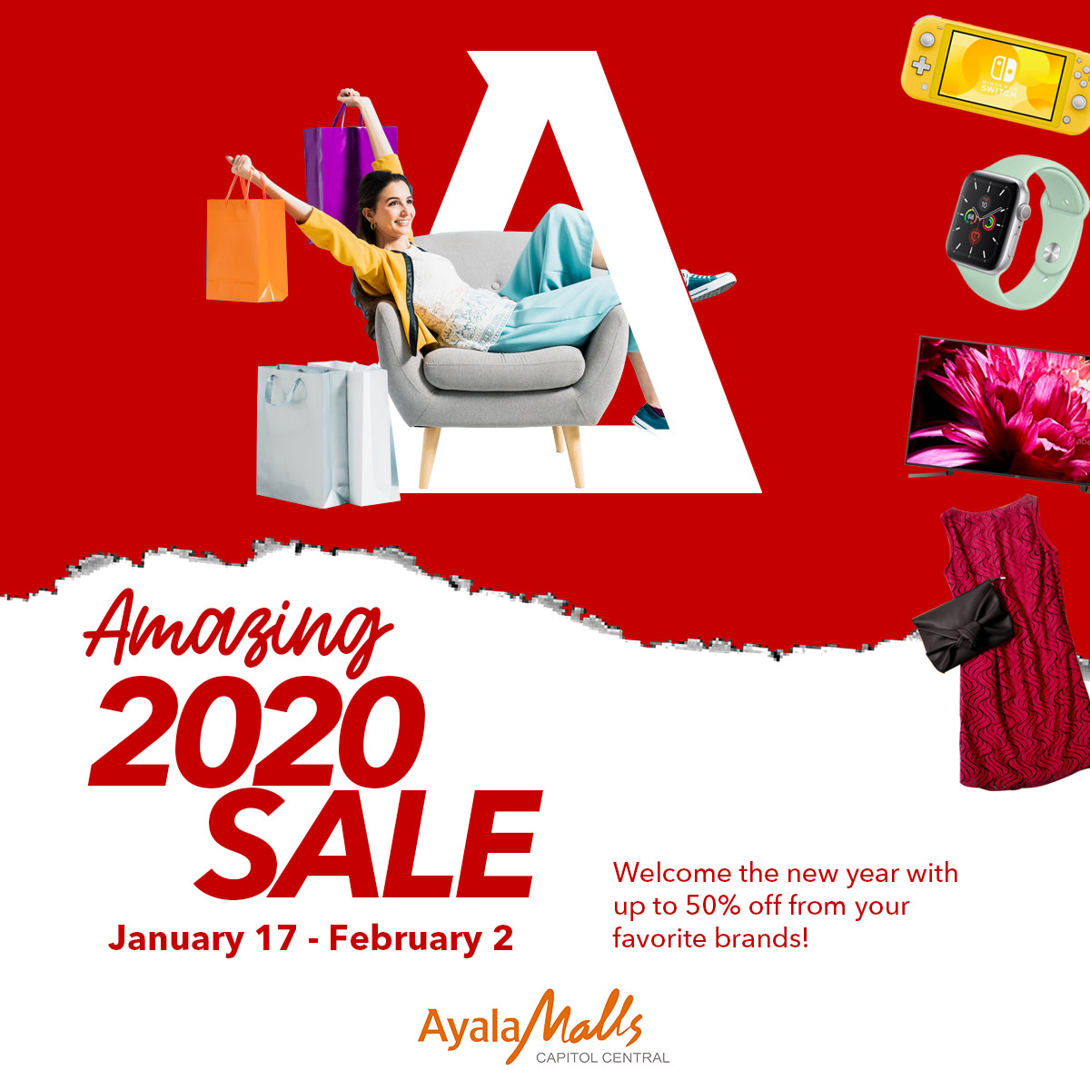 ayalamallsbcd's tweet photo. We're wishing you a wonderful new year with our Amazing 2020 Sale! Celebrate with up to 50% off from your favorite brands and head over to #AyalaMallsCapitolCentral this January 17 to February 2, 2019.

#HeartOfBacolod
#AwakenAmazing https://t.co/JHpR4tyqoO