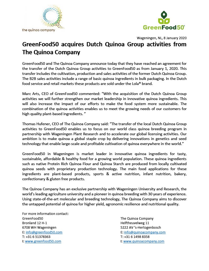 GreenFood50 acquires the Dutch Quinoa Group activities from The Quinoa Company.