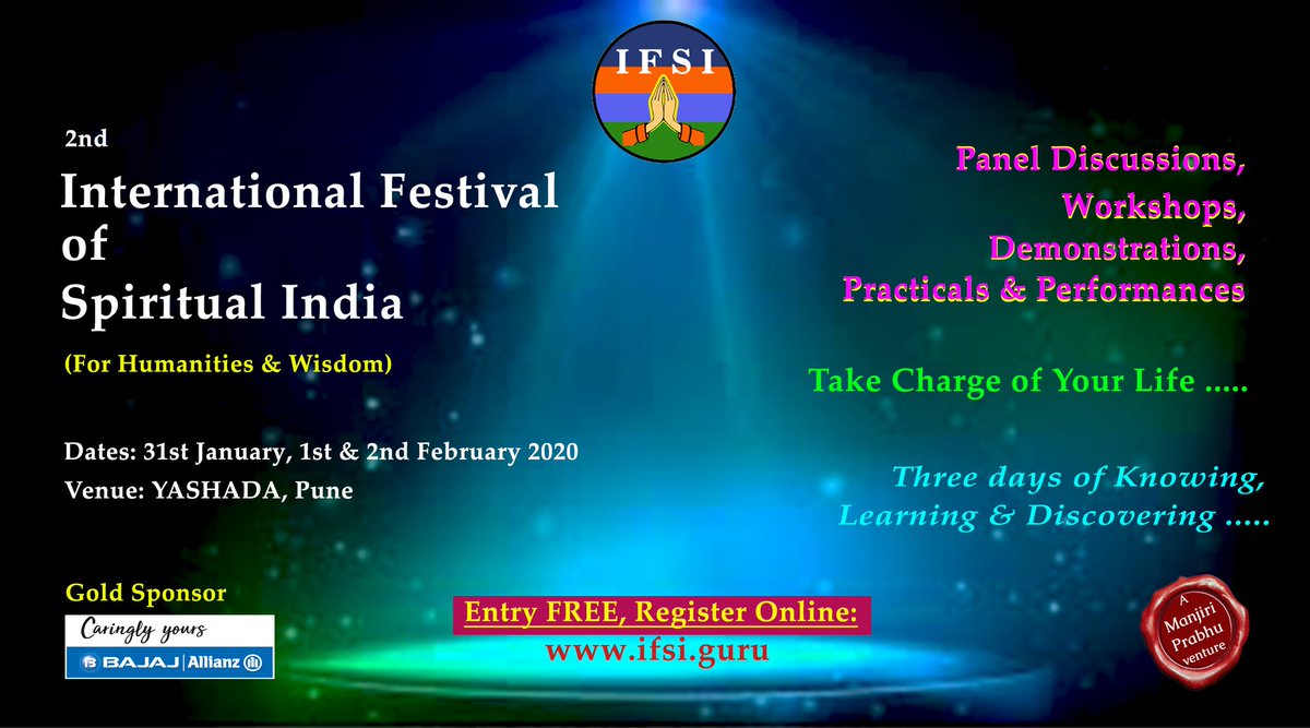 Registrations are now open for this free and unique festival!
#Spirituality #journeywithin #meditation #holistichealth #healingtherapies
@manjiriprabhu
@PuneIntLitFest
@BajajAllianzLIC @BajajAllianz @tapansinghel