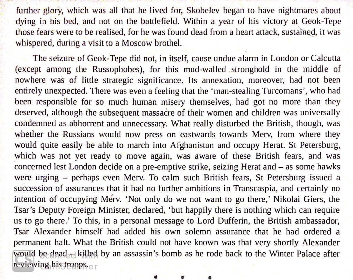 Russian general Mihail Skobelev’s brutal conquest of western Turkmenistan. The British didn’t care too much, although they were worried Russia might push east to Merv & India.