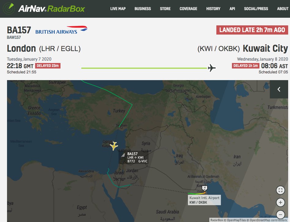 airlivenet's tweet photo. Here is British Airways #BA157 avoiding Iraq airspace to reach Kuwait City https://t.co/qe1bLTIi3j https://t.co/nu0WwvNqGI