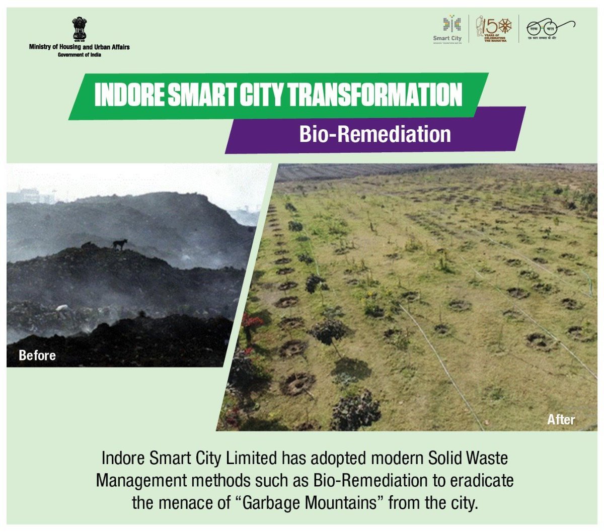 MoHUA_India's tweet image. In a bid to contribute to the #MyCleanIndia movement, Indore is eradicating the menace of &quot;Garbage Mountains&quot; by using innovative techniques like Bio-Remediation under the #SmartCities Mission.

#TransformingIndia