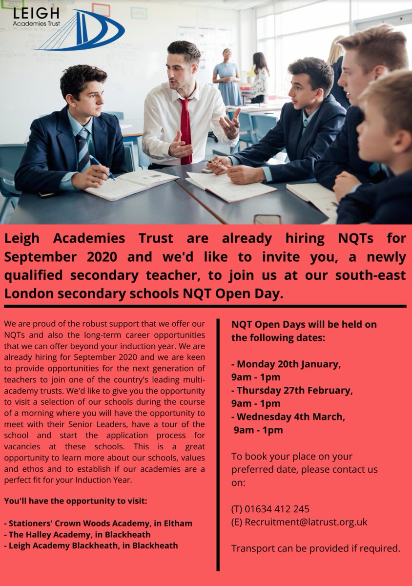 officialSCWA's tweet photo. Calling all Trainee Teachers and future NQTs!
We would like to invite you to join us at one of our south-east London secondary schools NQT Open Days...
#NQT #NQTs #Traineeteacher #Inductionyear #Eltham #Blackheath #London https://t.co/1VjrU3I57u