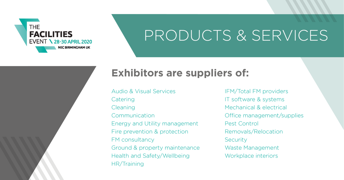 WorkplaceEvent's tweet photo. Exhibitors at #FE2020 will be showcasing a wide range of products and services, from #Catering, #Cleaning and #Communication to #EnergyManagement, #PestControl and #Wellbeing.
Register now to visit > https://t.co/bc3WyWoaT5
#facilitiesevent #FM #facilitiesmanagement #facilities https://t.co/KFRlYSVKud