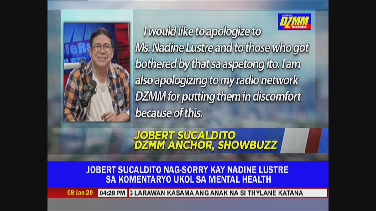 DZMMTeleRadyo's tweet photo. #OnTheSpot Nag-sorry si DZMM Showbuzz anchor Jobert Sucaldito sa aktres na si Nadine Lustre pati na sa publiko kasunod ng kanyang komento na sana tumalon na lang sa gusali ang aktres. https://t.co/TtJuabovIo