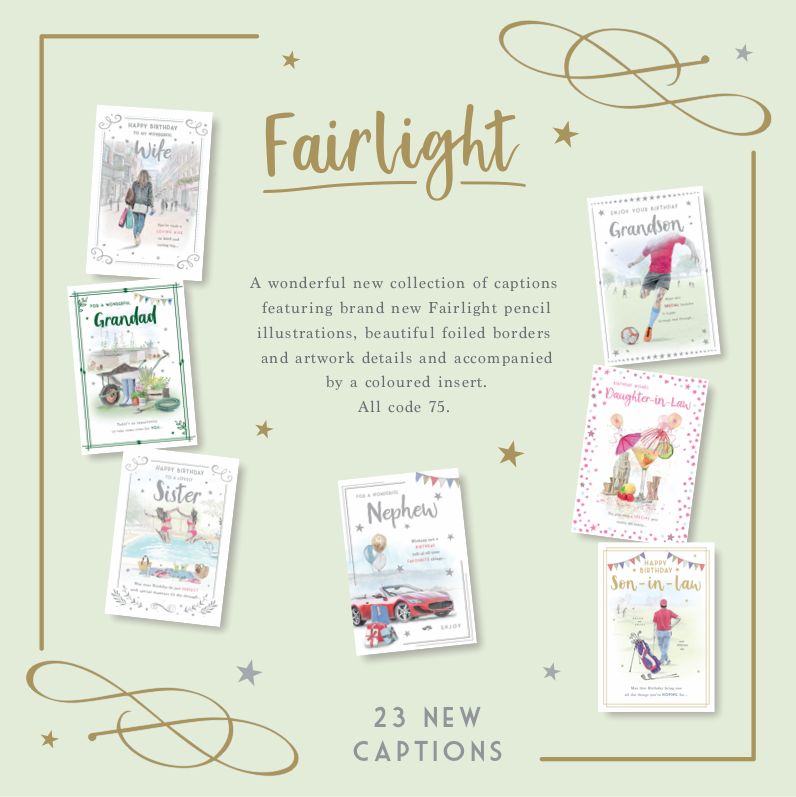 Fairlight captions are here! A wonderful collection of 23 designs featuring pencil illustrations, striking foiled borders and coloured inserts.