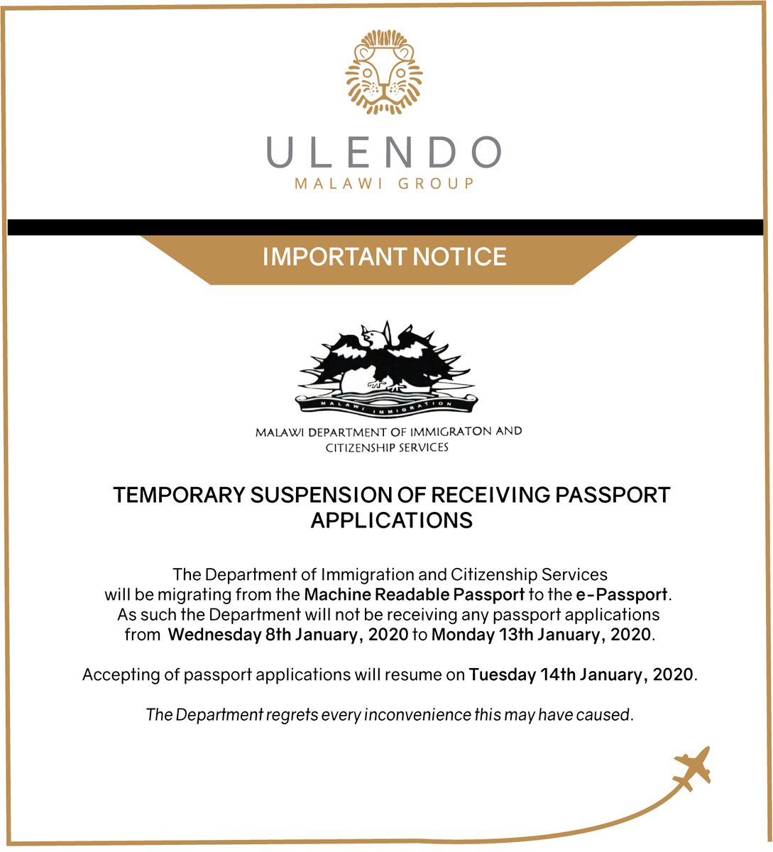 Ulendomalawi's tweet photo. Planning to apply for a new passport or get your old one renewed?

Please take note of this important notice from the Malawi Department of Immigration And Citizenship Services. https://t.co/VHMO7rdixn