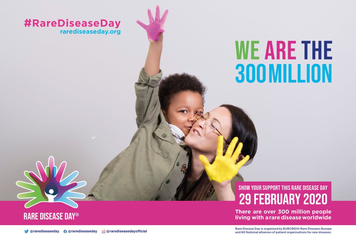 Image showing a boy and a woman embracing. They are holding their painted hands in the air. To the side is text which reads "we are the 300 million". At the bottom of the image is the rare disease day logo. 