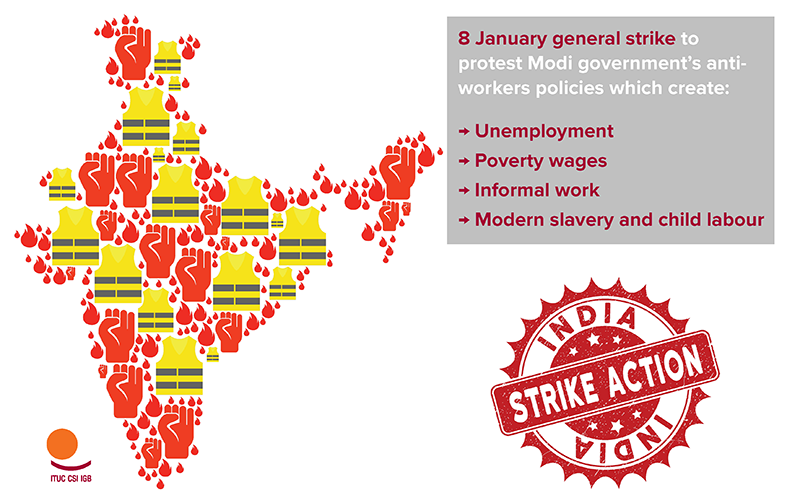 ituc's tweet photo. 🚨#8JanStrike🇮🇳🚨
Millions of workers in #India are taking the streets today to protest against #Modi Government, which it has only served the interests of big businesses at the expense of workers.
👉https://t.co/8xUJ7s2MN3 #Zindabad #SolidatiryWorkers
@INTUCnational https://t.co/VPwCIoXi1N