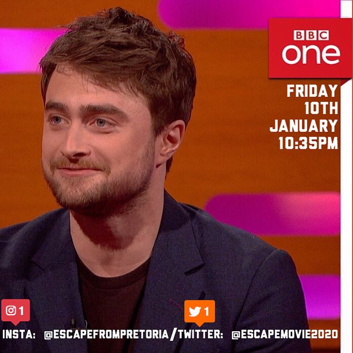 escapemovie2020's tweet photo. Our star man #DanielRadcliffe will be appearing on @TheGNShow this Friday at 10:35pm on @bbcone. UK #EscapefromPretoria fans should make sure to tune in! International fans look out for post-broadcast clips https://t.co/mhvJshq7w6