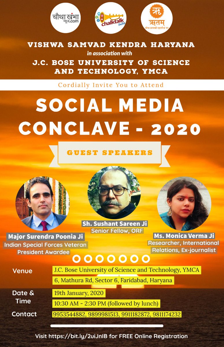 SMIntegrator's tweet photo. Hello Faridabad ,

Social media is now a powerful tool and you are the narrative. How it affects us, country, policies and world, hear from the horses' mouth.

INVITE ALL : SM conclave 2020 feat . @TrulyMonica , @sushantsareen and @MajorPoonia 

Details on image. https://t.co/HjfWkFIrSA