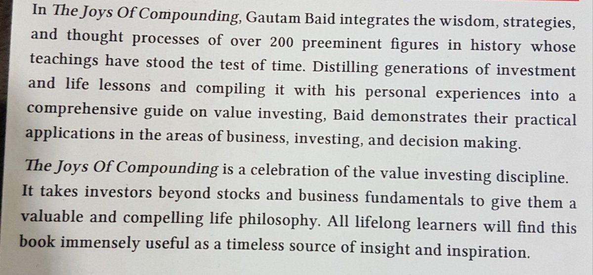 Completely subscribe to what's written on the back of the book. 

Haven't underlined so much before in a single book. Connected better because of Indian examples. 

Brilliant work @Gautam__Baid #TheJoysOfCompounding
Thank you.