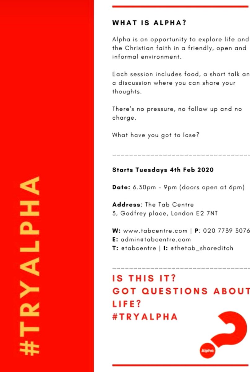 Coming soon at The Tab! Alpha is an 8 week course for anyone to come and freely explore their unique questions about life, faith and God in an informal and friendly environment.  Come and join us, starting on Tuesday 4th February at 6pm.