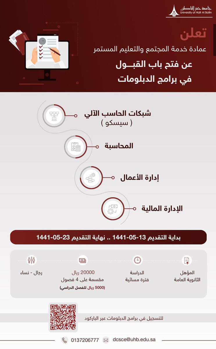 جامعة حفر الباطن تعلن برامج الدبلومات الإدارية والتقنية 1441