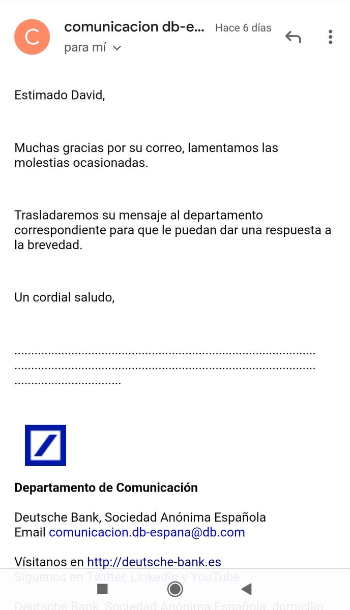 DavidEbri3's tweet photo. @DeutscheBankES Después de tardar 2 días en contestar a mis problemas está fue la respuesta, y ya hace 6 días de esto, tic,tac,tic,tac.... https://t.co/EwXSjEmsaq