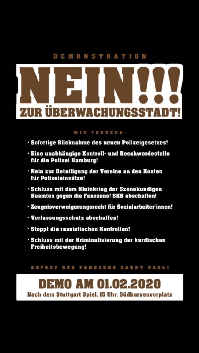 +++ Nein zur Überwachungsstadt! +++

Kommt Alle nach dem Heimspiel am 01.02.20 zur Demo!

#noPolGHH #noPolG #fanhilfe #bwh #010220 #fcsp #fanrechte = #bürgerrechte