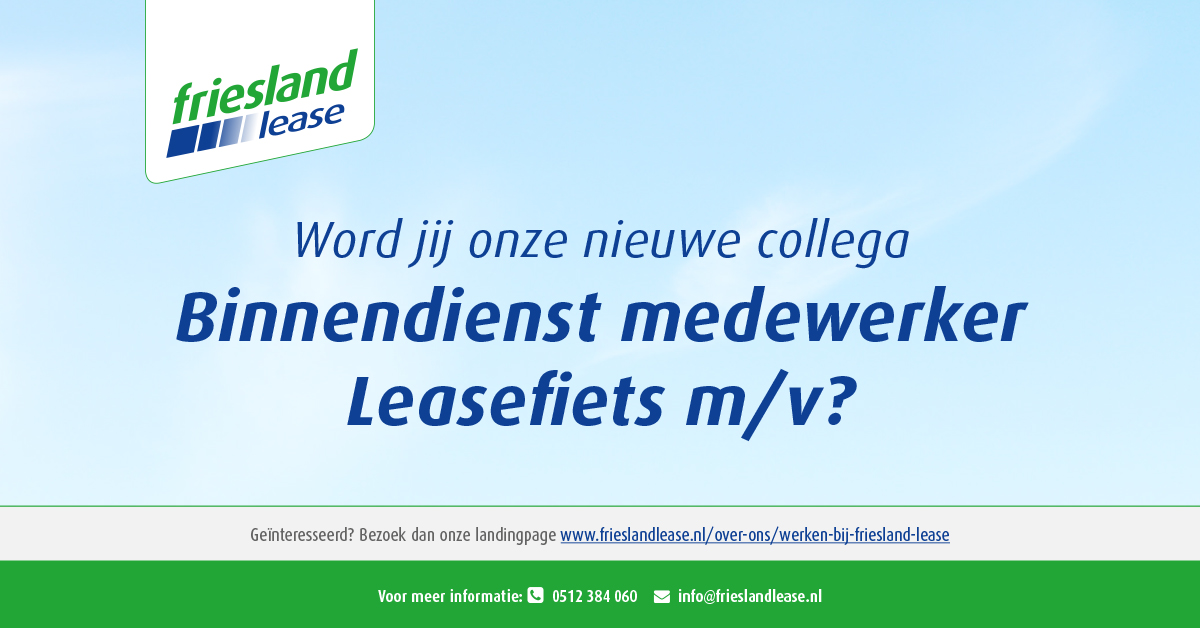 Word jij de nieuwe Binnendienst Medewerker voor team Leasefiets? In deze functie heb je als doel de Accountmanagers en Leaseadviseurs te ondersteunen bij het optimaal laten verlopen van de verkoopactiviteiten. Solliciteer nu! frieslandlease.nl/over-ons/werke…