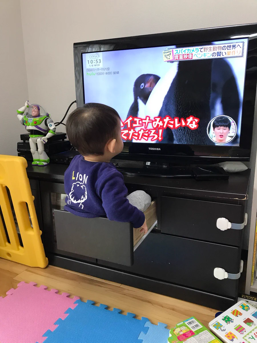 テレビボードの引き出しの中に入ってテレビを見ている男の子！！面白い発想！！