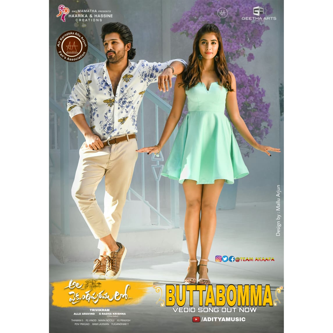 AlluarjunMa's tweet photo. #Team_AKAAFA Posted 
AlaVaikunthapurramuloo New song ..
BUTTABOMMA 
(vedio song out now) poster.. 
•HAPPY SANKRANTHI!! 
Design by : Mallu Arjun

Let's celebrate this SANKRANTHI like an extended family at a theater, near you!!!
•
#AlaVaikunthapurramuloo #AVPLOnJan12
#Team_AKAAFA https://t.co/i1mlWfLl6C