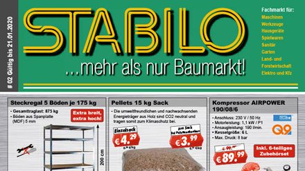 Stabilo Fachmarkt Werbeprospekt KW 02
Gültig von 08.01.2019 bis 21.01.2020

Die Angebote aus unserem neuen Werbeprospekt sind online: stabilo-fachmarkt.de/aktuelle-werbu…