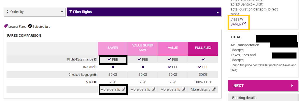 thai airways baggage price
