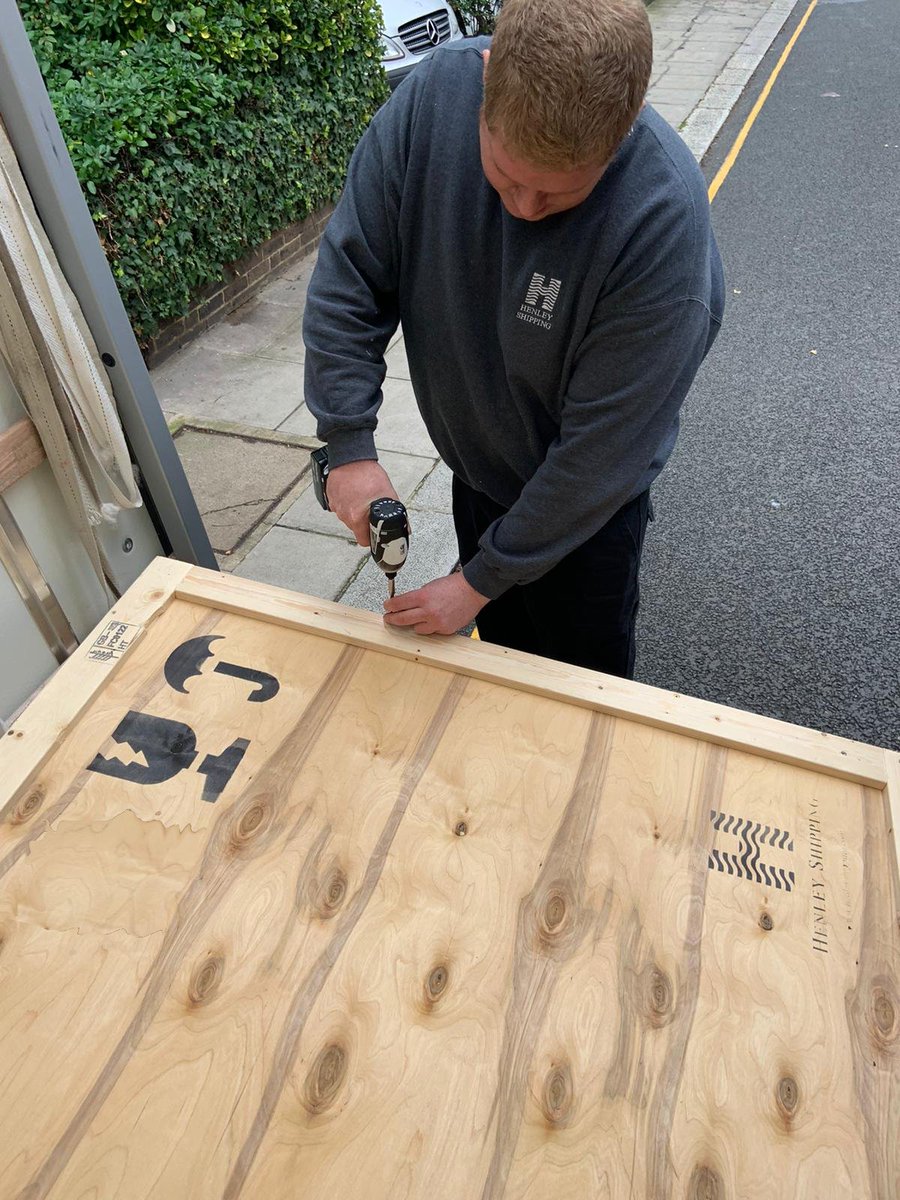 Our specialist white glove technicians out in London today. They’re delivering design furniture previously collected in Europe, that was meticulously packed and plywood cased for safety during transit.