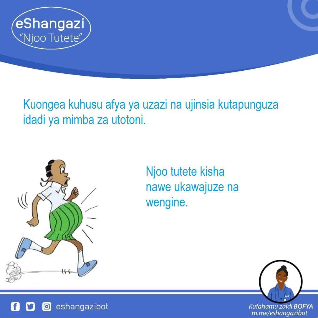 Kuongea kuhusu afya ya uzazi na ujinsia kutapunguza idadi ya mimba za utotoni. Njoo tutete kisha nawe ukawajuze na wengine. Bonyeza m.me/eshangazibot tutete Bure!

#ElimuYaAfyaNaJinsia #EndChildMarriage #EndChildPregnancy #menstruation #SRHR #AI #MimbaZaUtotoniSasaBasi