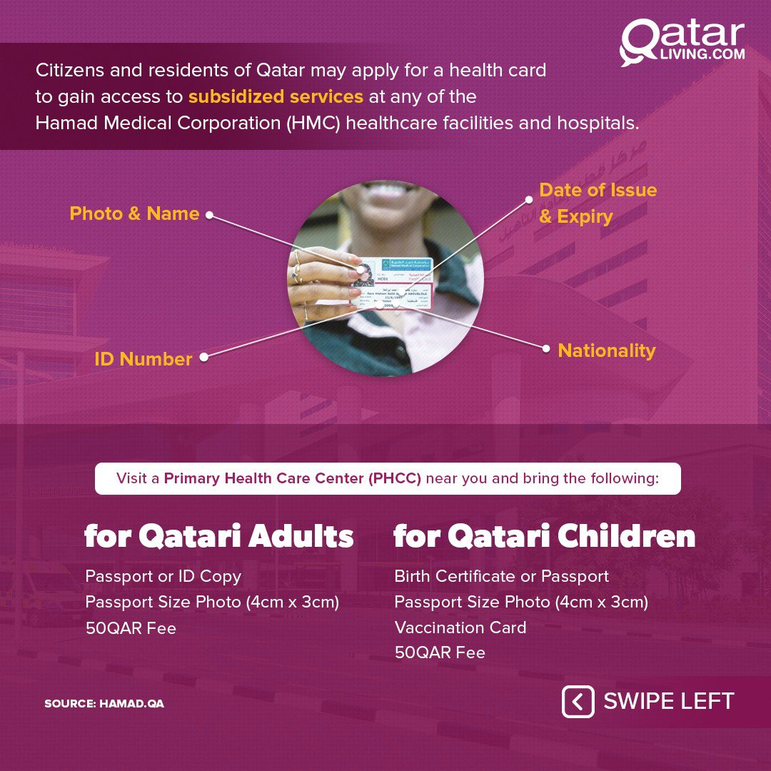 qatarliving's tweet photo. New to #Qatar? Or perhaps just never got round to applying for a government health card? Well we got you covered with the details on how to apply. Thanks to @HMC_Qatar we bring the details straight to you with our new #WellnessWednesdays series.
#QLCares #health
#HMC
#QatarLiving https://t.co/6NDOk2WjwF