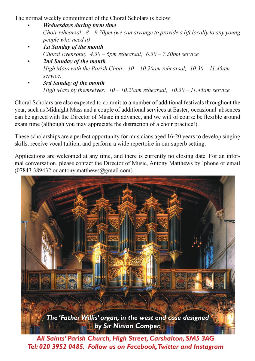 Applications are still open for Choral Scholars to join our choir and develop singing skills and sing in our wonderful building! Please retweet. <a href="/Sutton_Music/">Sutton Music Trust</a> <a href="/GlenthorneSixth/">Glenthorne 6th Form</a> <a href="/ArtsCryer/">CryerArts</a> <a href="/SuttonSymph/">Sutton Symphony Orchestra</a> <a href="/CarshaltonChor1/">Carshalton Choral Society</a> <a href="/archten/">Archen</a>
