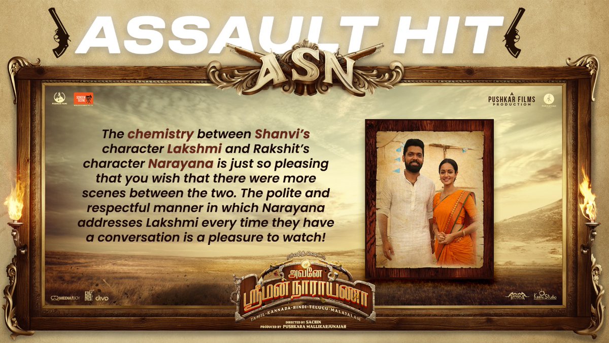 todaytalestt's tweet photo. The chemistry between Shanvi’s character Lakshmi and Rakshit’s character Narayana is just so pleasing that you wish that there were more scenes between the two and was so pleasure to watch throughout the movie.
#ASNAssaultHit
A @Screensceneoffl release
https://t.co/UMuv9HSLKi