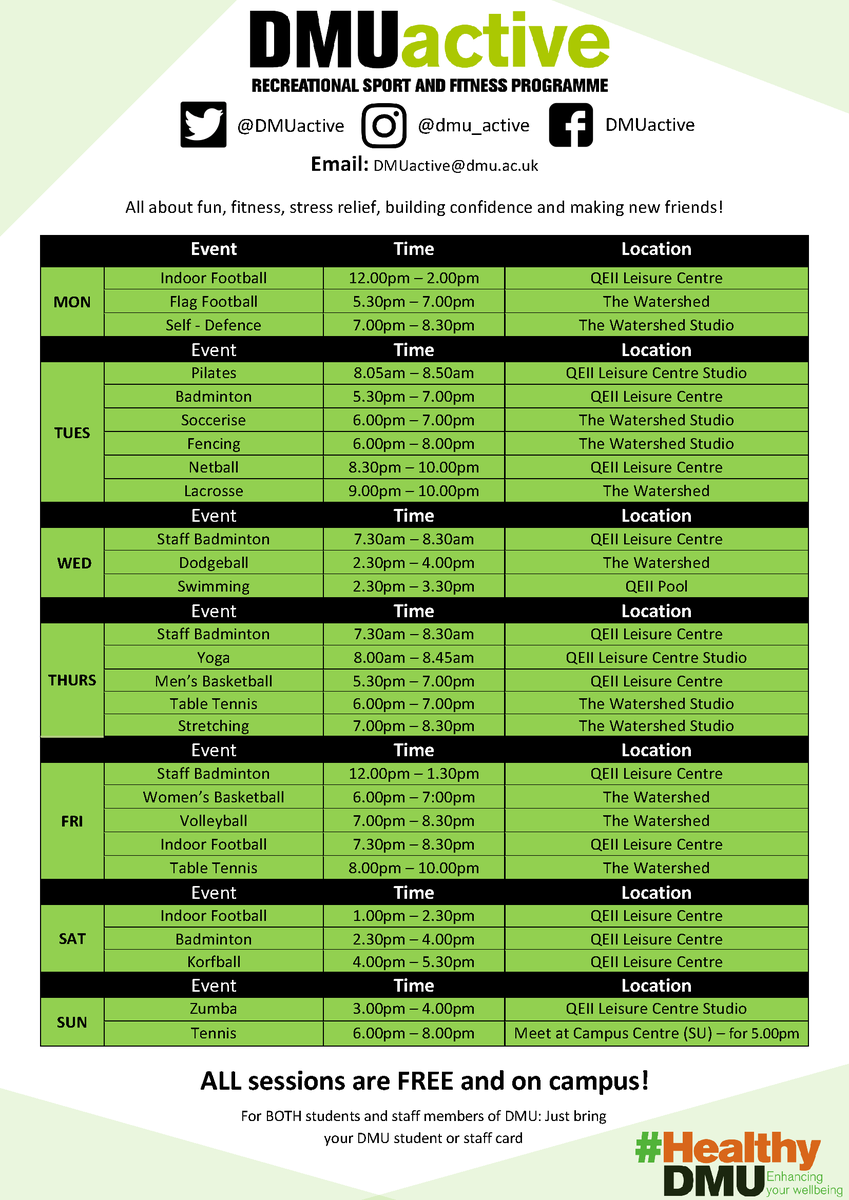 The #DMUactive programme is a fantastic way to look after your physical &amp; mental health whilst you study or work at 
<a href="/dmuleicester/">dmuleicester</a> 💚
 
It’s free, fun &amp; there is no commitment 🙌

Check out the new FREE timetable below 👇

#HealthyDMU