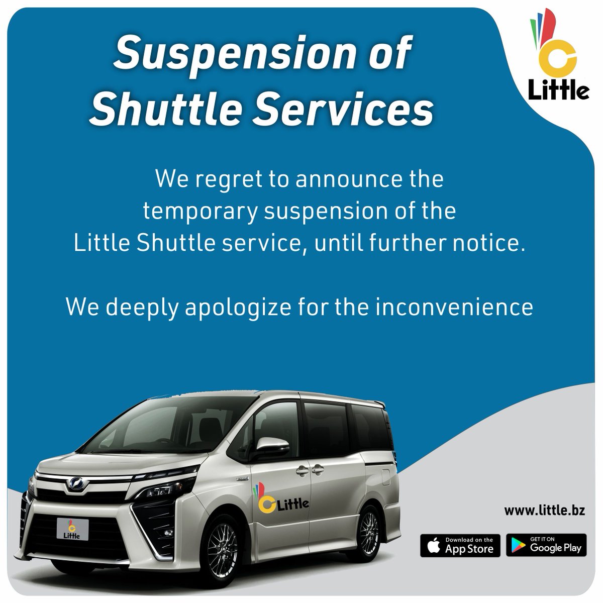 LittleAppKenya's tweet photo. We deeply regret to announce that the Little Shuttle service has been temporarily suspended effective immediately. We apologize profusely for the inconvenience but the service will be back with a bang very soon.
#BetterWithLittle #LittleShuttle #RideALittleBetter https://t.co/e078WeFtVd