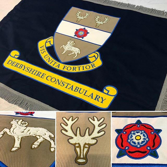 FlagsUK's tweet photo. Fully embroidered ceremonial standard for Derbyshire Police. Double sided with custom silver fringe. And a fluffy Ram.
#embroidery #flag #flags #sewing #police #derbyshire #derbyshireconstabulary #coatofarms #instaflag #flyingcoloursflagmakers #flagmaker #british #banner #parade https://t.co/ND4Ctmz2xc