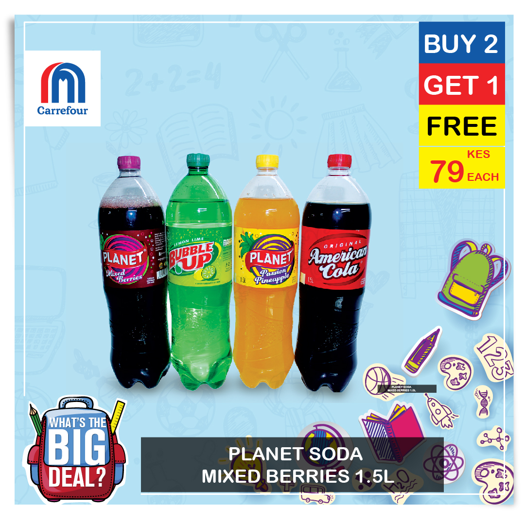 CarrefourKe's tweet photo. A little refreshment during the long school term is much needed. 
Buy 2 bottles of planet soda mixed berries and get one for free. Enjoy more up to 50% off discounts on more back to school this week! 
#WeeklyDiscounts #BackPackReady #WhatsTheBigDeal #GreatMoments #CarrefourKE https://t.co/Sg024GVfMg